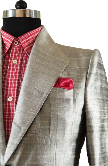 Mens fashion suit tailored fit single breasted in pure silver silk lapel view.