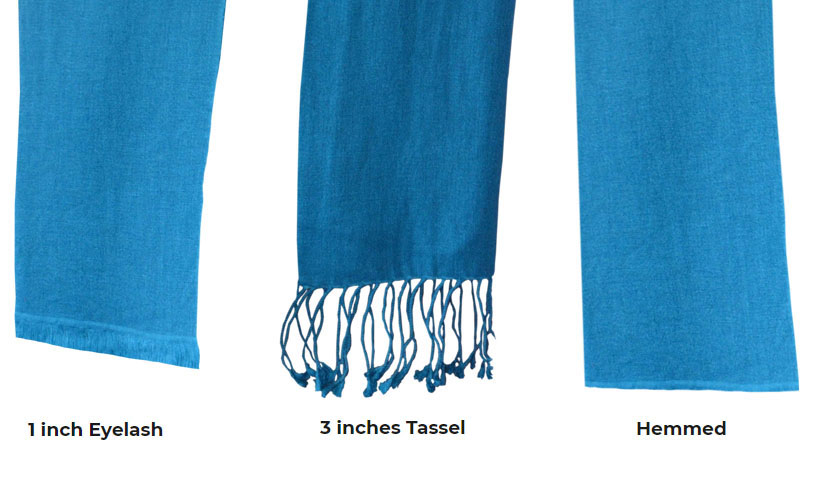Cashmere pashmina shawl and scarf fringe come in three styles, 1-inch eyelash, 3 inches tassel, and hemmed.
