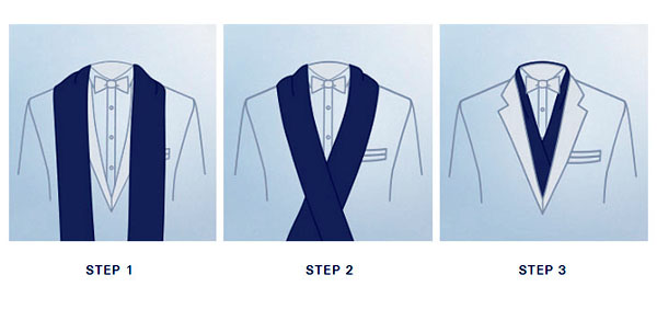 Stepwise guide to wear mens cashmere pashmina scarf with a tuxedo.