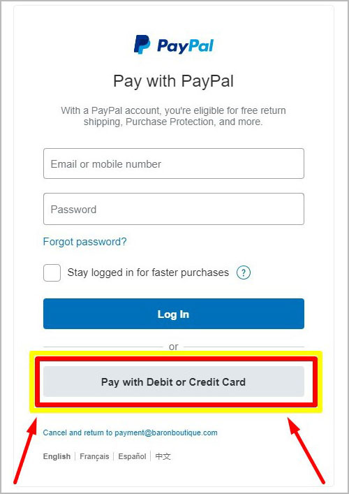PayPal checkout with a debit or credit card without registering for an account.