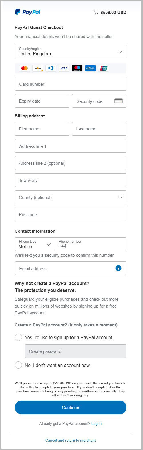 PayPal guest checkout with a debit or credit card for NON-USA customers.