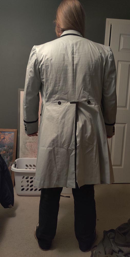 5th Doctor Who cosplay beige try-on test coat, a full back view.