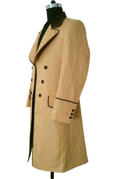 Men's Linen Frock Coat Summer Wedding Tailored Dress Coat Full Side View.