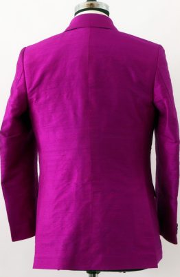Men's silk suit in purple dupioni silk back view.