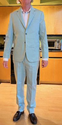 Front view of a customer's custom test suit for the Men's Dupioni Silk Suit, the key to Baron Boutique's guaranteed flawless fit.