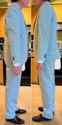 Side view of a customer's test suit for the Dupioni Silk Suit, showing how we assess posture and silhouette to guarantee a perfect fit.