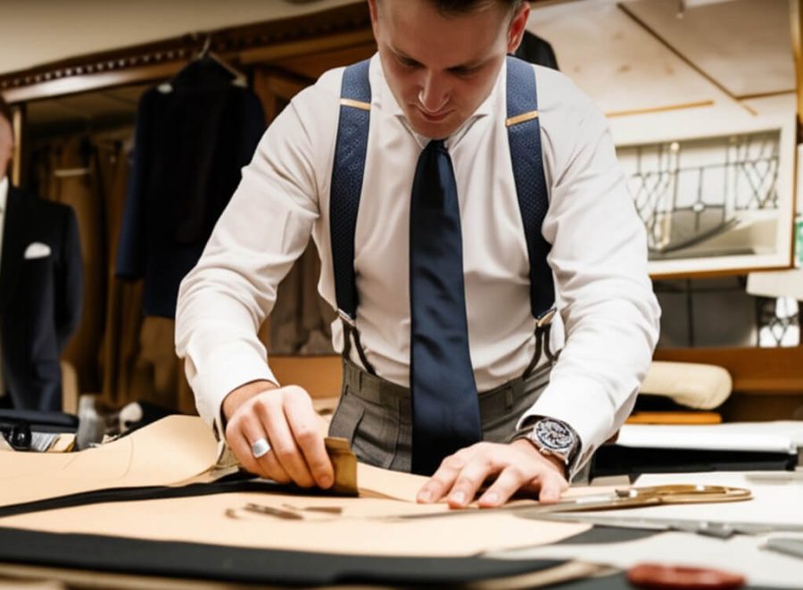 Tailor marking dark fabric with paper patterns