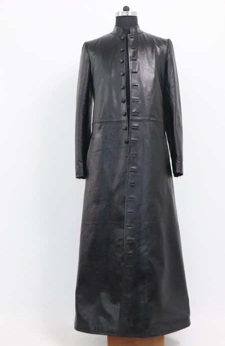 The custom-made Matrix Reloaded leather trench coat, front view, showing the full-button placket and mandarin collar.