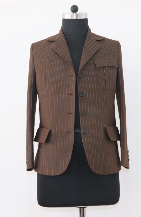 Front view of the women's 10th Doctor brown pinstripe suit jacket, detailing the four-button front, notch lapels, and unique pocket configuration.
