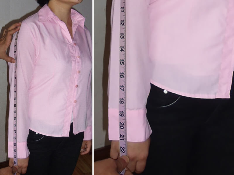 A composite image demonstrating how to properly measure sleeve length for a custom-fit women's shirt or jacket. The view shows a measuring tape extending from the shoulder seam down the outside of the arm to the wrist, ensuring an accurate and perfect sleeve fit for tailored garments.