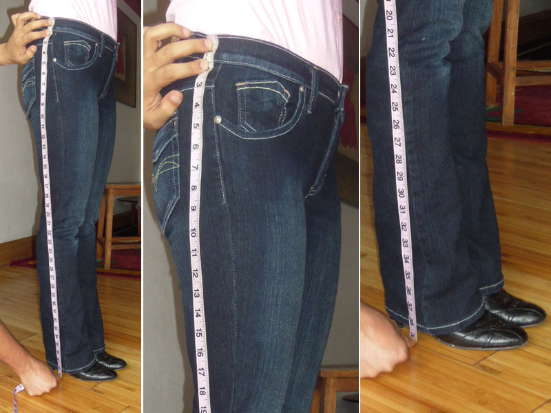 A composite image showcasing how to take an outseam measurement for custom women's trousers from multiple angles. The tape measure runs along the outside of the leg, from the waistband of the jeans down to the floor, ensuring the correct overall pant length.