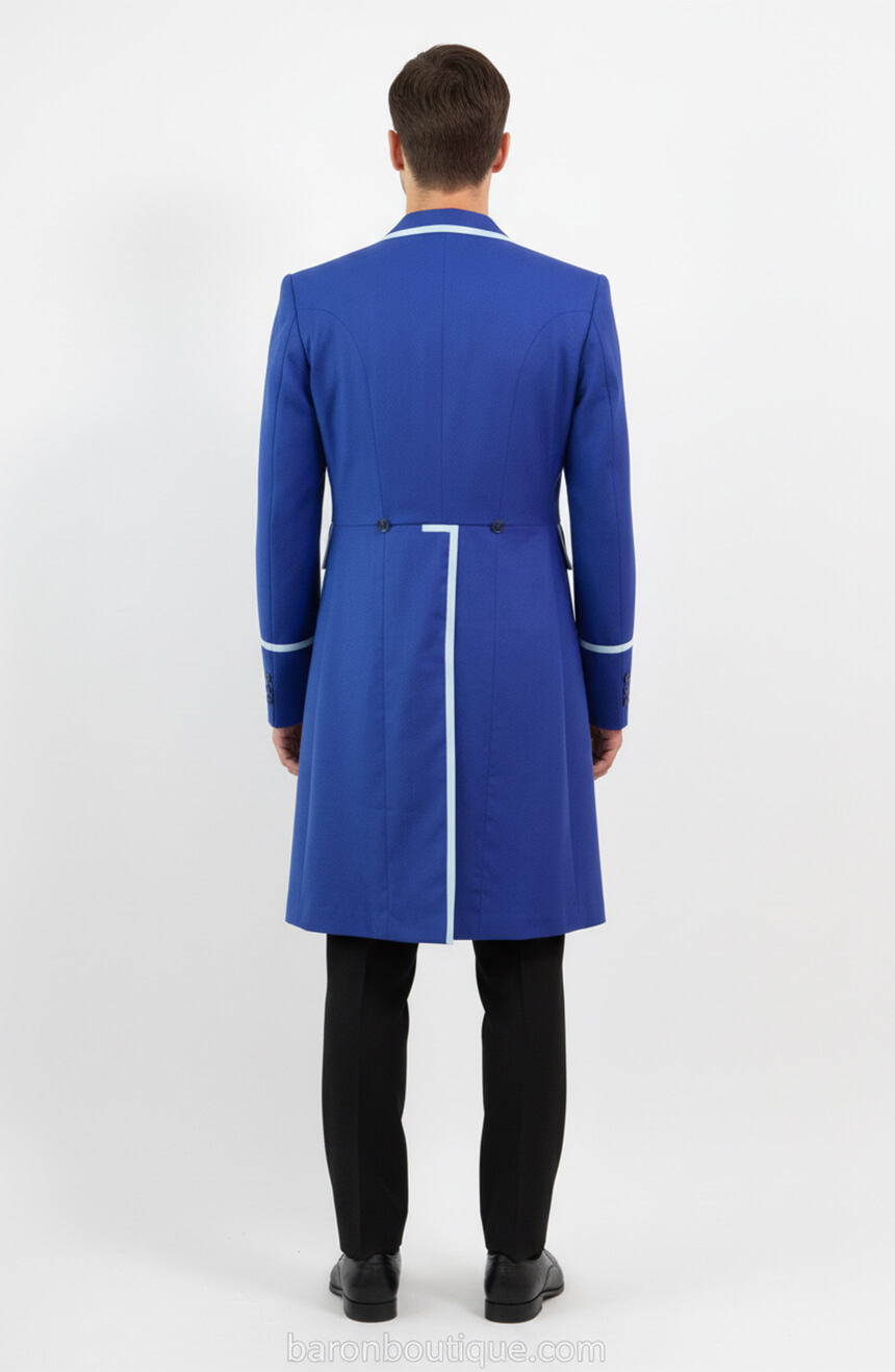 Back view of Time Lord Frock Coat in oxford blue wool, showing tailoring details, vent and frock, custom made by Baron Boutique.