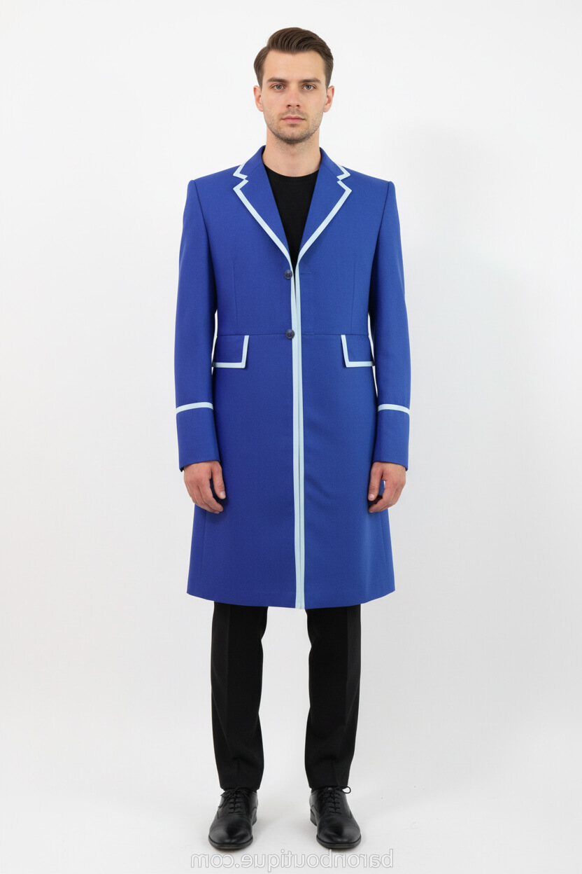 Time Lord Frock Coat in oxford blue wool, front view on male model, custom tailored by Baron Boutique.