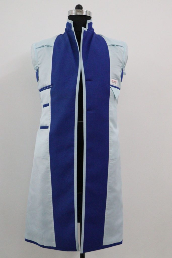 Time Lord Frock Coat in oxford blue wool, interior front view showcasing ocean blue lining hand stitched and custom tailored by Baron Boutique.