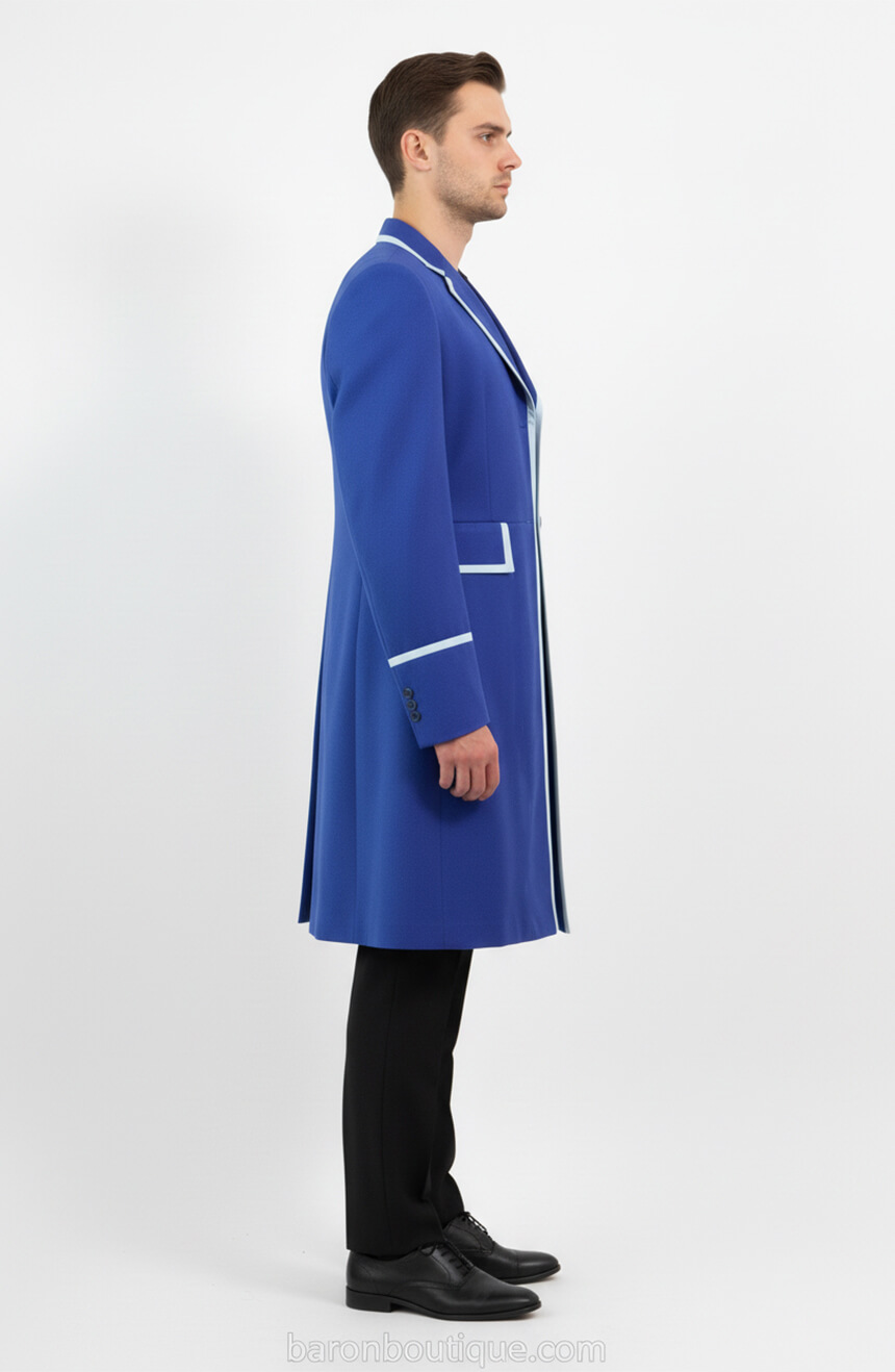 Profile view of oxford blue Time Lord Frock Coat on male model, showcasing sleeve drape, cuff and button details along with below knee length from Baron Boutique.