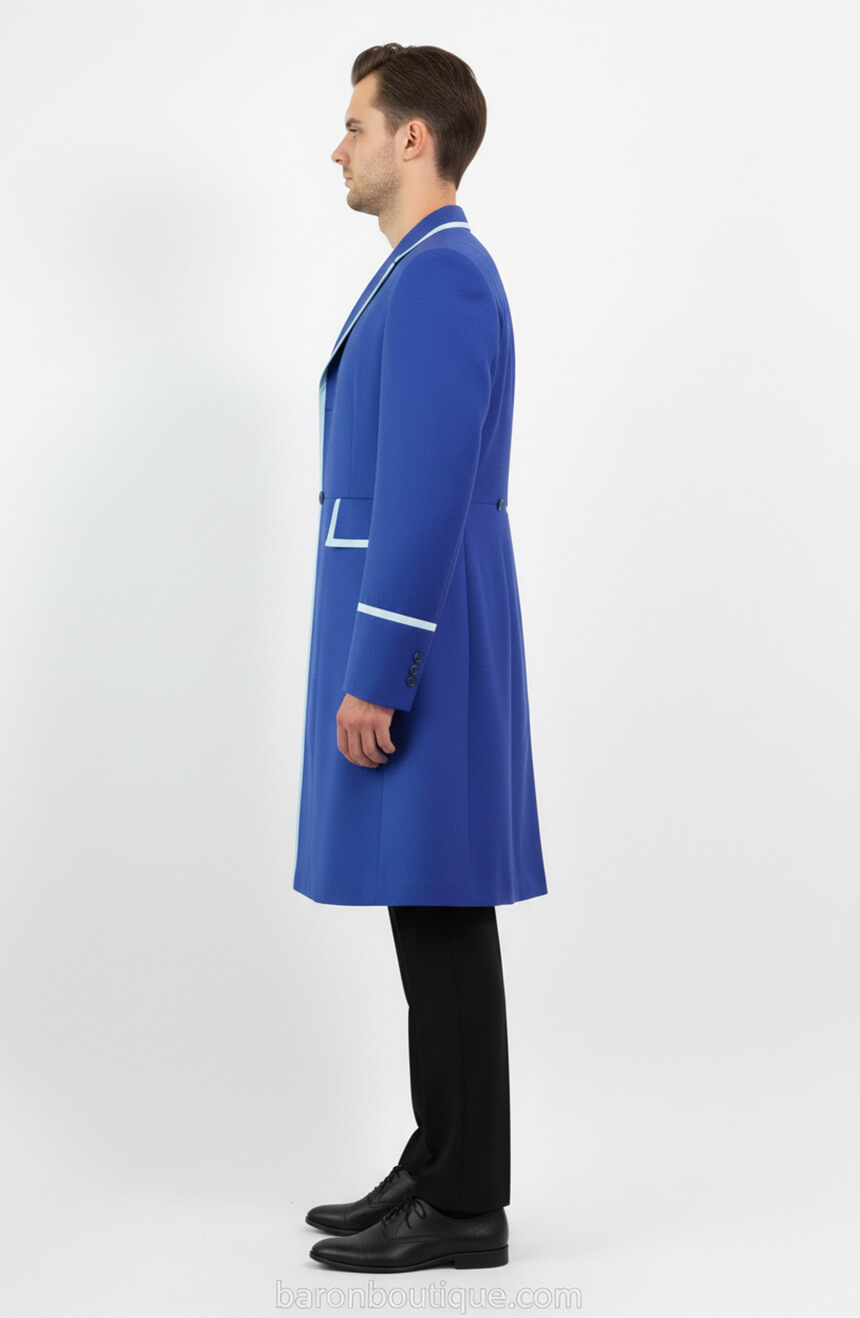Side profile of oxford blue Time Lord Frock Coat on male model, showcasing fit and fabric from Baron Boutique.