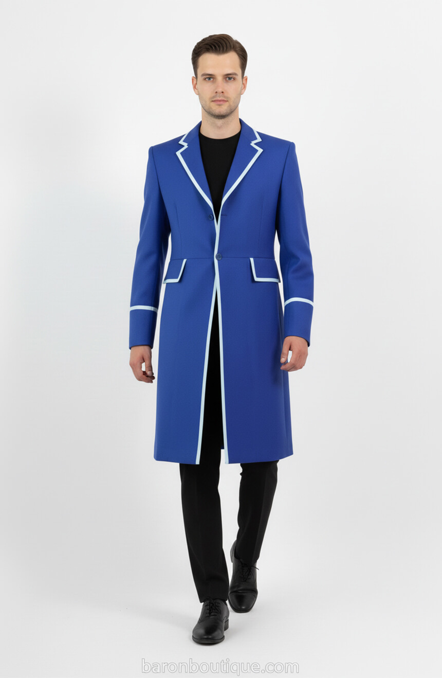 Male model walking in front view, wearing oxford blue Time Lord Frock Coat with piping details, waist pockets, and notch lapels, custom tailored by Baron Boutique.