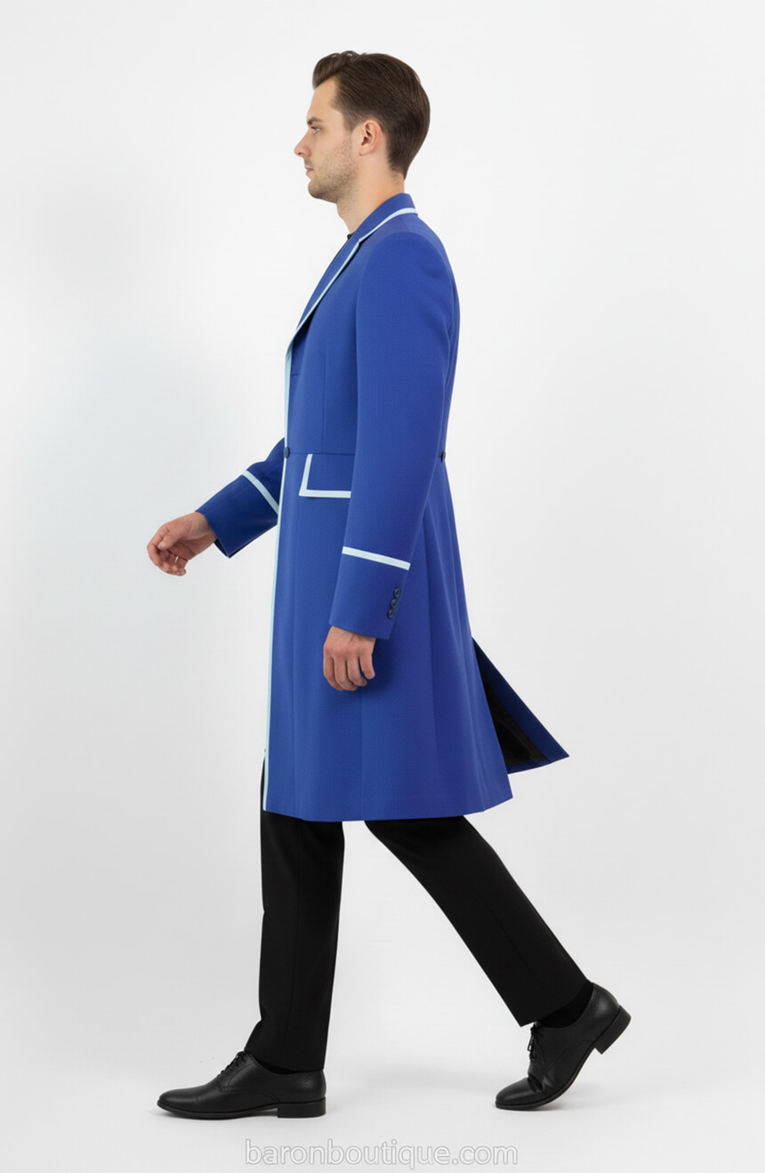 Male model walking in side view, wearing oxford blue Time Lord Frock Coat, showcasing movement and fit from Baron Boutique.
