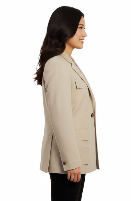 Side profile of the women's 7th Doctor Who utility jacket, emphasizing the tailored fit, pocket details, and the jacket's overall silhouette.