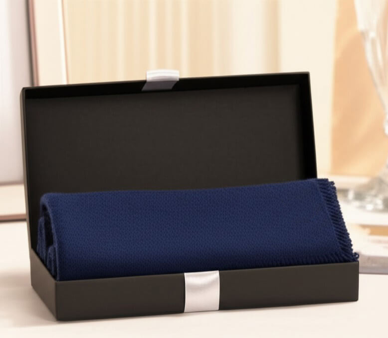 A luxurious navy-blue cashmere scarf presented in an elegant gift box as a prestigious award for achievement.