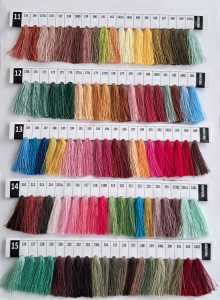 Artisan color chart for custom cashmere, featuring rows of yarn tassels in rich earth tones, mustard yellows, diverse greens, and deep magenta pinks. Part 3 of the bespoke color options.