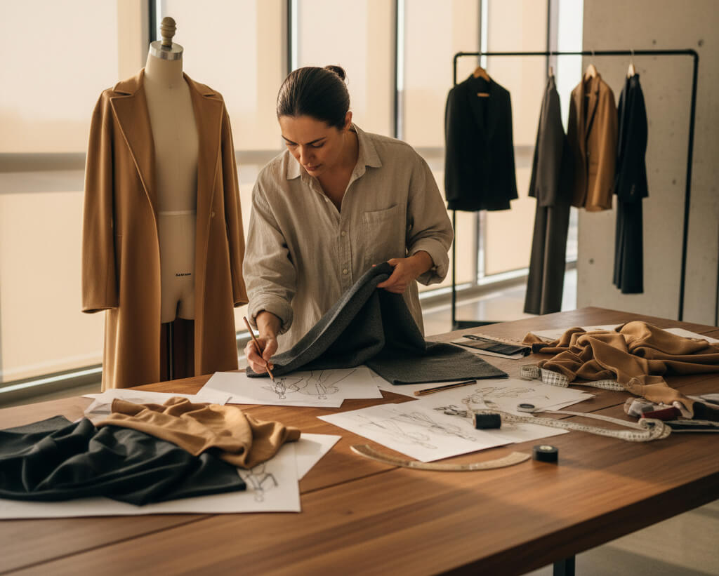 Fashion designer working at design table in luxury atelier, sketching and draping premium cashmere and wool fabrics with natural light illuminating the creative workspace.