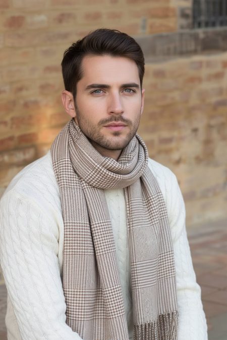 Profile view of a man wearing a tan and white plaid cashmere neck scarf, demonstrating polished business-casual styling with understated luxury and refined craftsmanship.