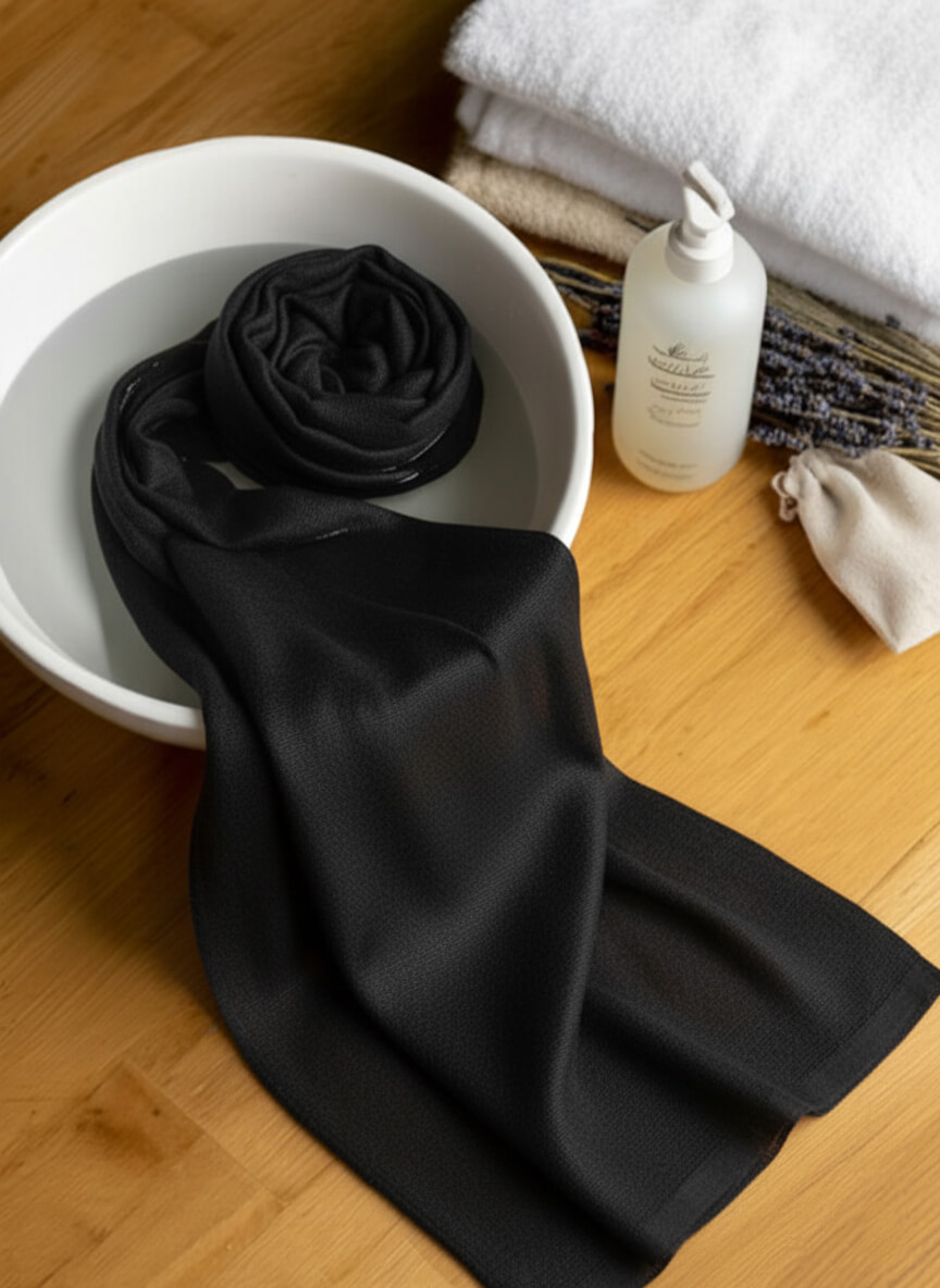 Black pashmina shawl soaking in white bowl of water with cashmere shampoo bottle and folded towels nearby—demonstrating proper hand wash care instructions for maintaining premium Himalayan pashmina.