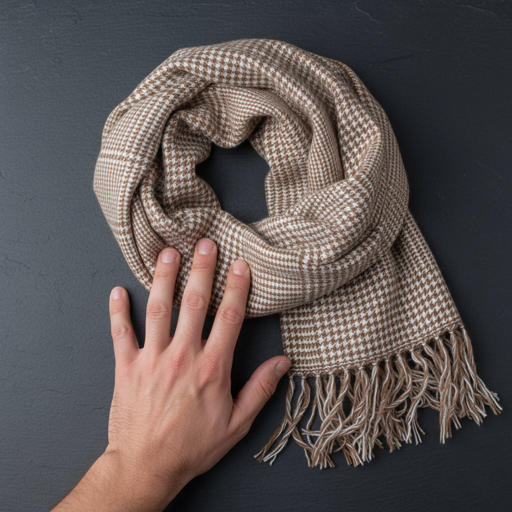 A close-up overhead shot of a man's hand gently touching a folded tan and white glen plaid cashmere scarf on a dark, textured surface. The intricate houndstooth weave, soft texture, and fringed edge of the Grade A cashmere are clearly visible, emphasizing the scarf's quality construction and luxurious feel.