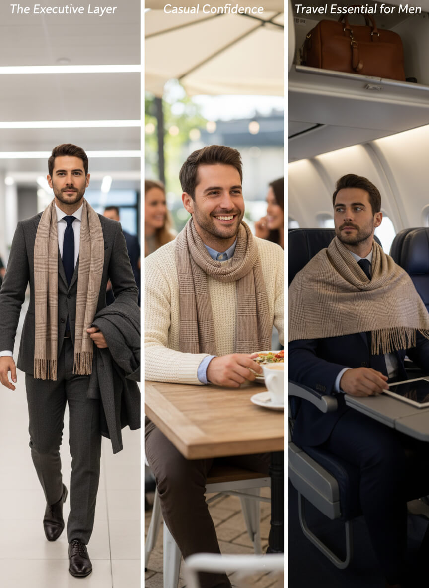 A three-panel collage showcasing the versatility of a men's tan and white glen plaid cashmere scarf. The left panel, 'The Executive Layer,' shows a man in a grey suit and scarf walking confidently in an office setting. The middle panel, 'Casual Confidence,' depicts the same man smiling while wearing the scarf with a cream sweater at an outdoor cafe. The right panel, 'Travel Essential for Men,' features him wearing the scarf as a wrap on an airplane, looking out the window, with luggage visible in the overhead compartment