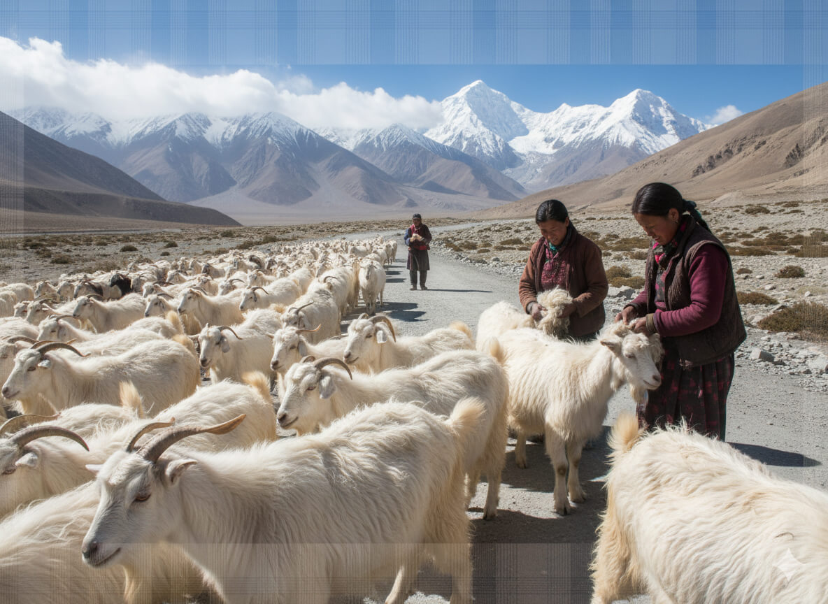 Shepherds tend to a large herd of white cashmere goats on a dusty road in the vast, mountainous landscape of the Tibetan Plateau. Snow-capped peaks rise in the background under a blue sky, illustrating the ethical sourcing of Grade A cashmere fibers for the men's glen plaid cashmere scarf.