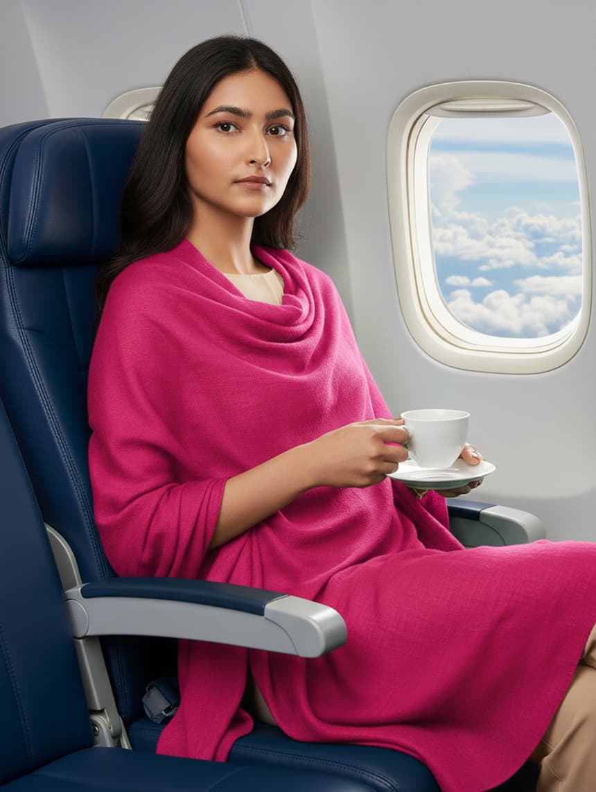 A woman with long dark hair sits in an airplane window seat, looking towards the viewer. She is wearing a hot pink featherlight cashmere scarf over a light top and khaki pants, holding a white teacup and saucer. Outside the window, clouds and a blue sky are visible.