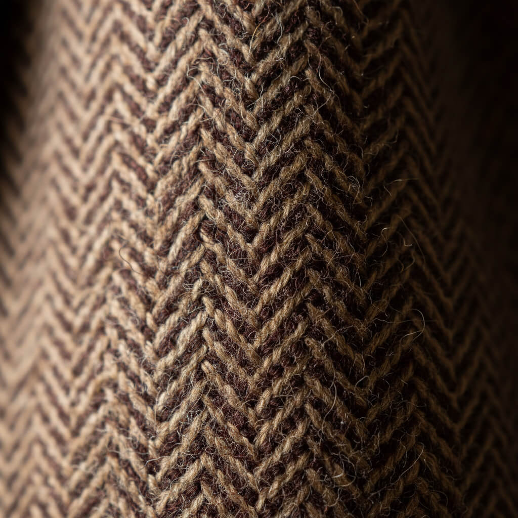 Brown herringbone tweed wool fabric macro detail showing distinctive V-shaped weave pattern used in mens car coats.
