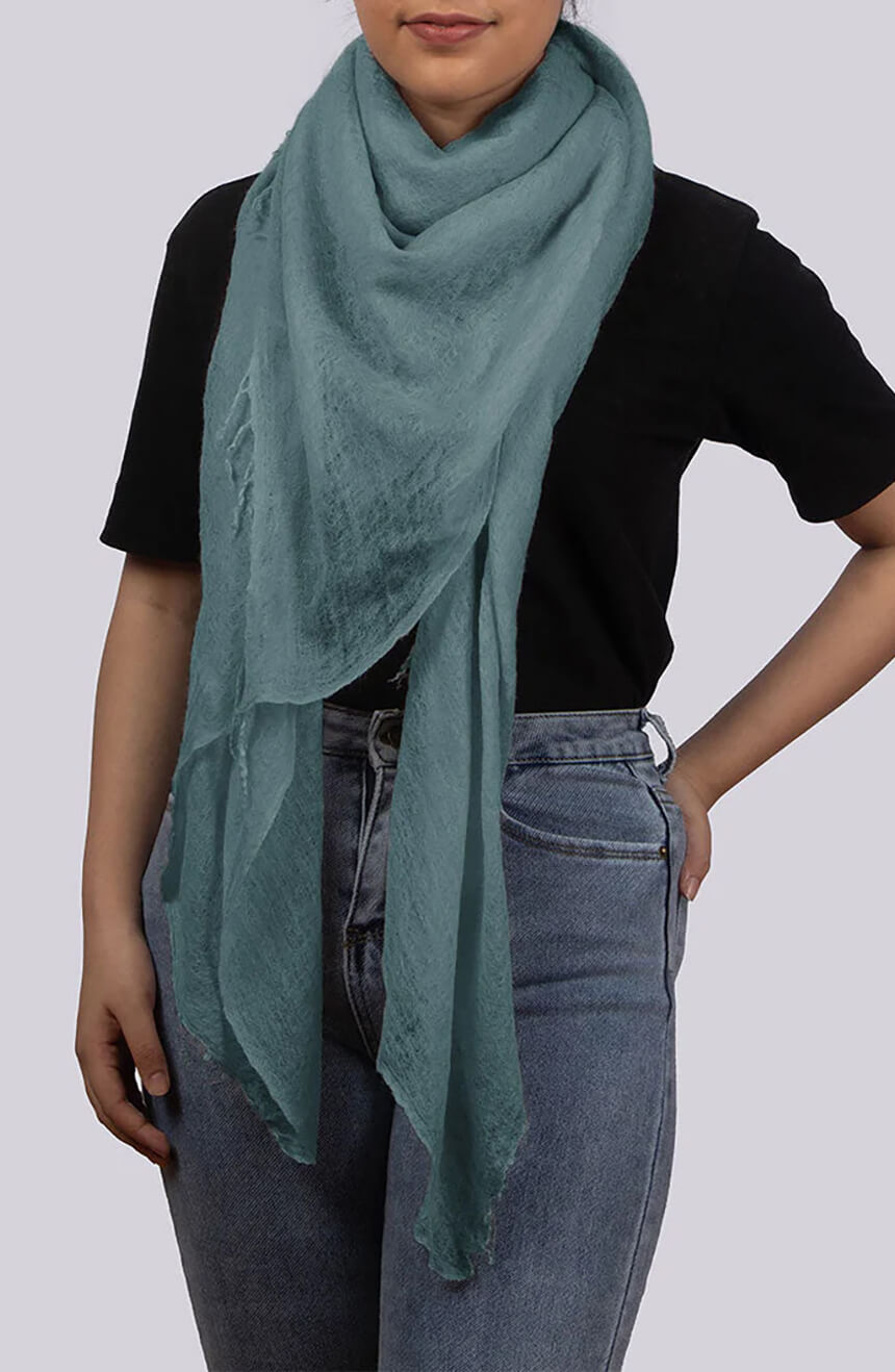 Handwoven Light Teal Green Cashmere Scarf shawl front full view.