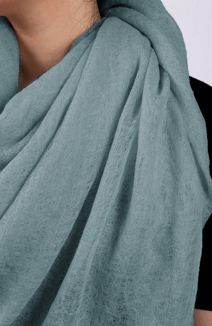 Handwoven Light Teal Green Cashmere Scarf shawl close-up neck wrap view.