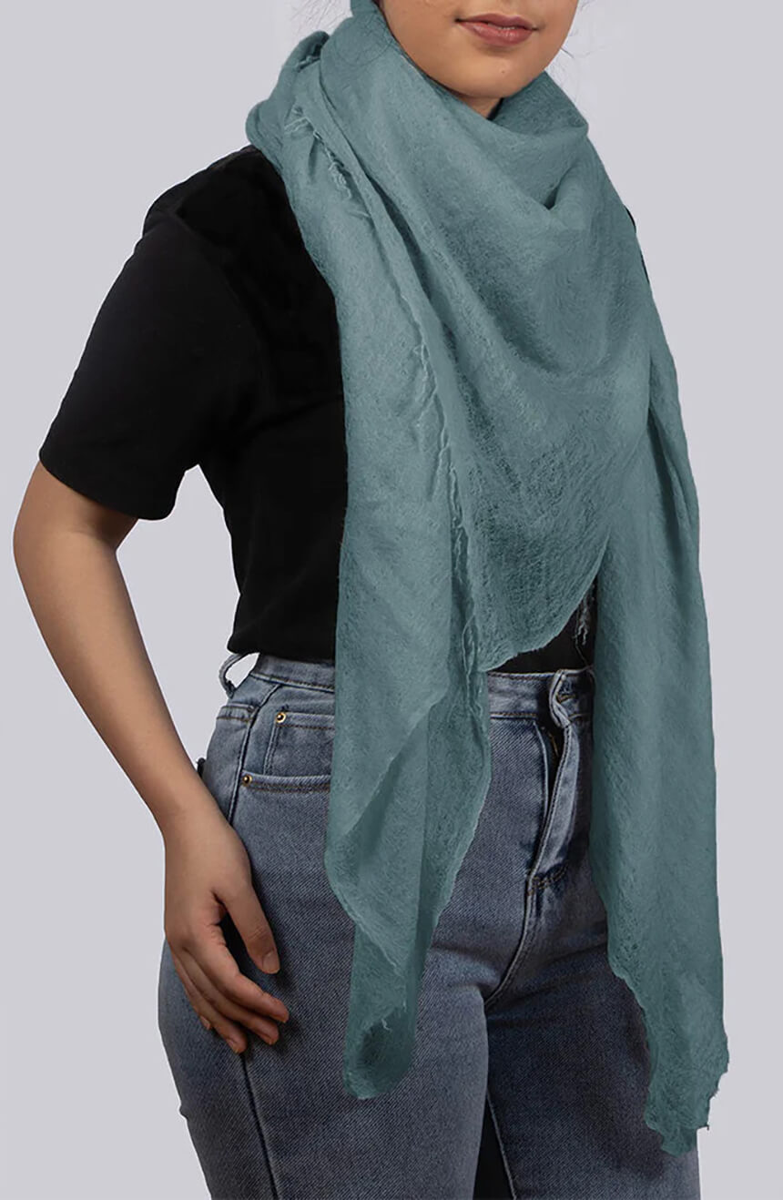 Handwoven Light Teal Green Cashmere Scarf shawl front profile view.