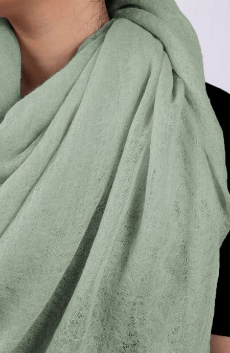 Handwoven willow green cashmere scarf shawl neck wrap view.