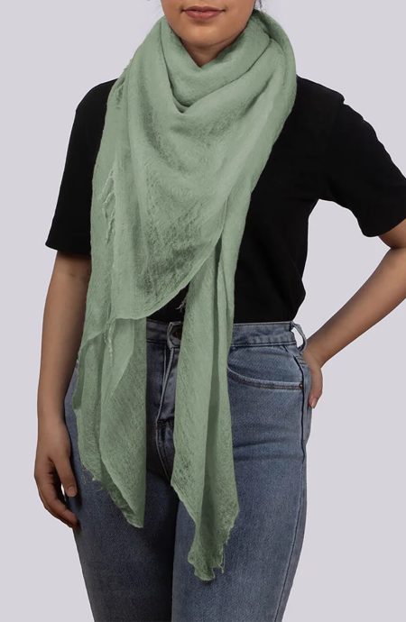 Handwoven willow green cashmere scarf shawl front view.