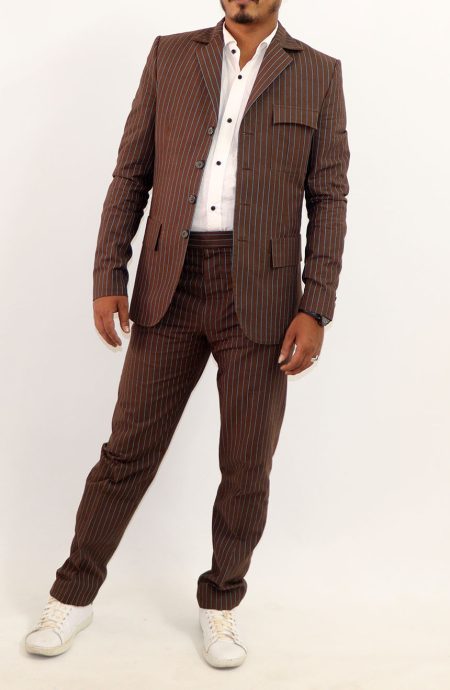 Front view of the Tennant brown and blue stripe suit, featuring a tailored fit, classic notch lapel, and single-breasted design.