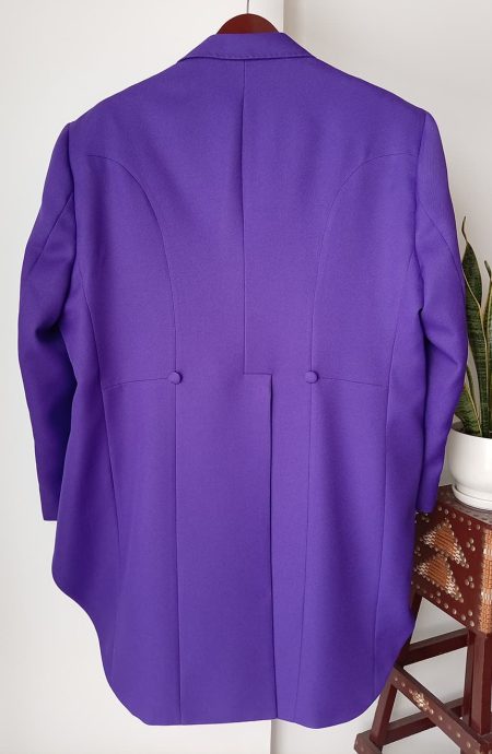 Back view of the Jack Nicholson 1989 Joker tailcoat replica showcasing the formal tailcoat silhouette and theatrical Gotham-inspired design.