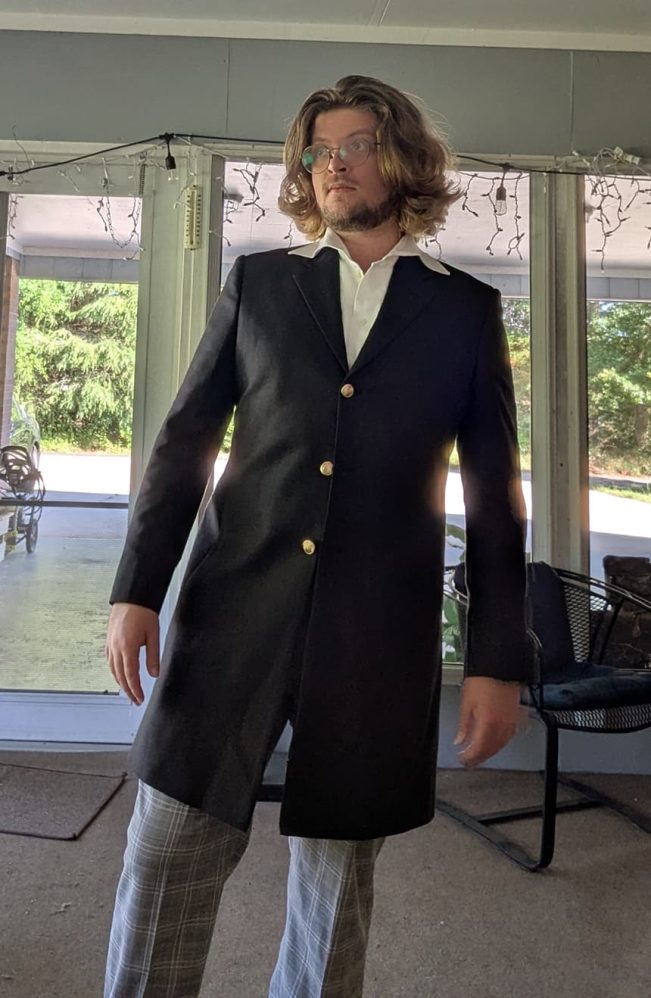12th Doctor grey linen final coat front view, 3-button closure custom-made to measurements for a customer by Baron Boutique.