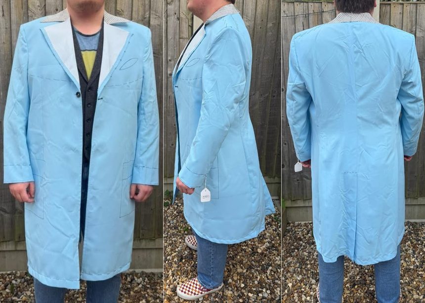 Front, side, and back views of a cotton test coat made for fit confirmation before crafting the final Newt Scamander inspired British herringbone tweed coat with leather accents.