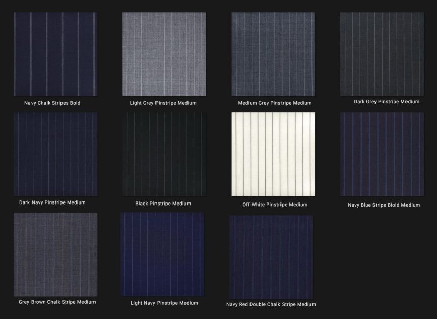 Ten merino wool pinstripe fabric with twill weave together as a fabric swatch collection for bespoke suits, tailored trousers, and made to measure dresses.