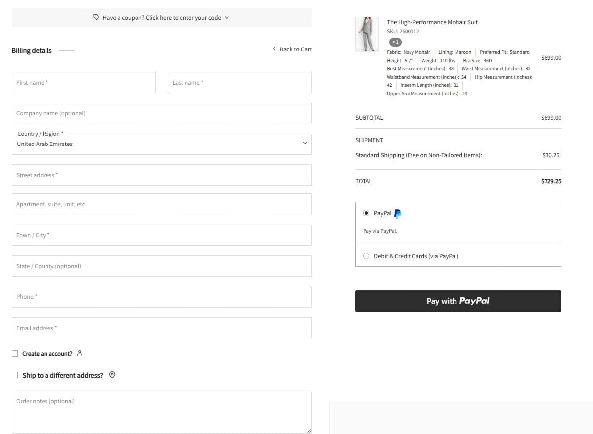 Baron Boutique checkout page showing billing details form on the left and order summary on the right, with PayPal and Debit & Credit Cards via PayPal as payment options.