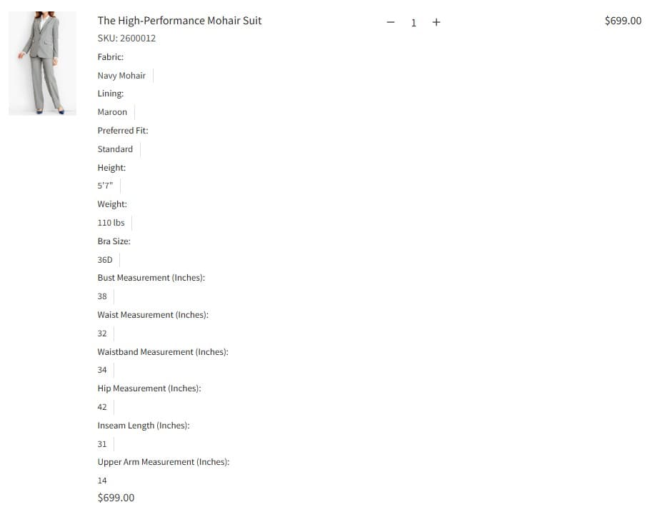 Baron Boutique cart page showing The High-Performance Mohair Suit with customer measurements entered, including fabric, lining, fit preference, height, weight, bra size, and body measurements in inches.