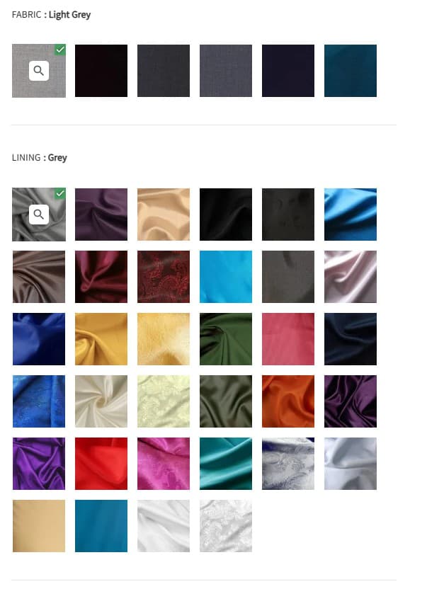 Fabric and lining color selector on a Baron Boutique product page, showing Light Grey fabric selected and Grey lining selected from a grid of available swatch options.