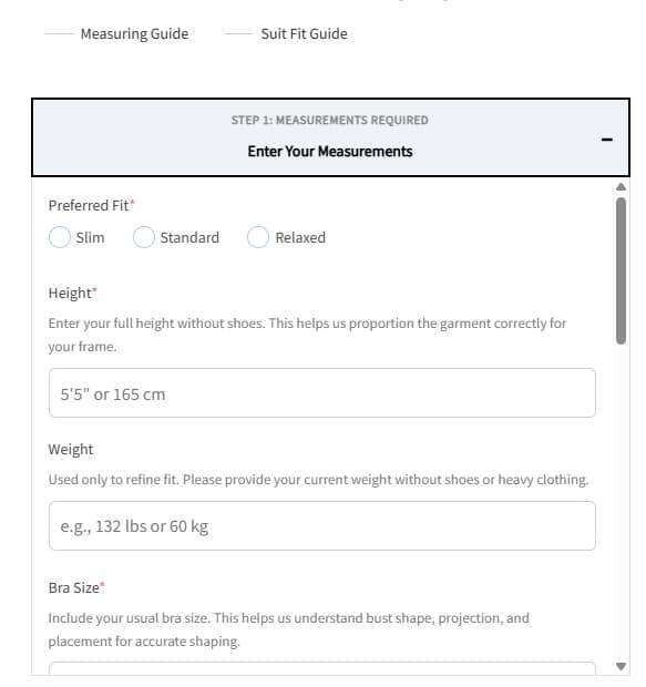 Expanded measurement entry form on a Baron Boutique product page showing fields for Preferred Fit, Height, Weight, and Bra Size with helper text explaining how each measurement is used.