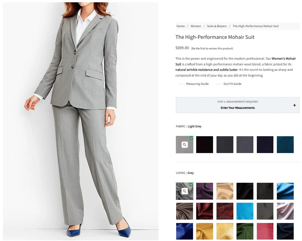 Baron Boutique product page for The High-Performance Mohair Suit showing the Step 1 Measurements Required accordion prompt above the fabric and lining selectors.