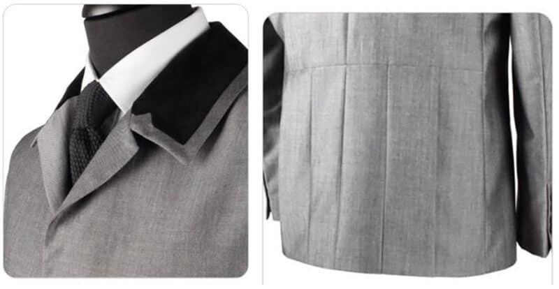 Details of the mod jacket featuring black velvet collar and pleated jacket skirt back.