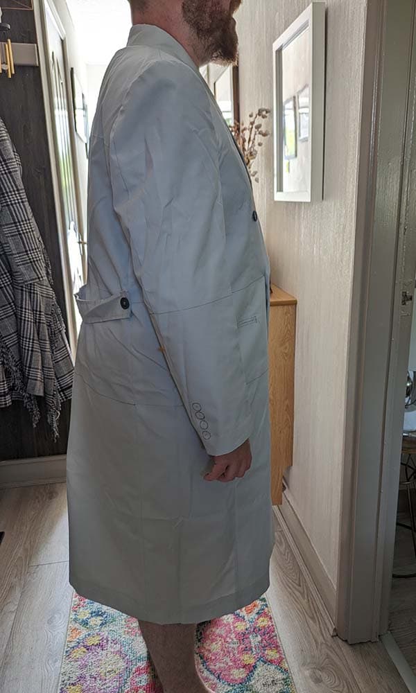 Right side profile view of the cotton trial jacket for a 1989 jester of chaos coat, confirming sleeve drops and armhole comfort levels.